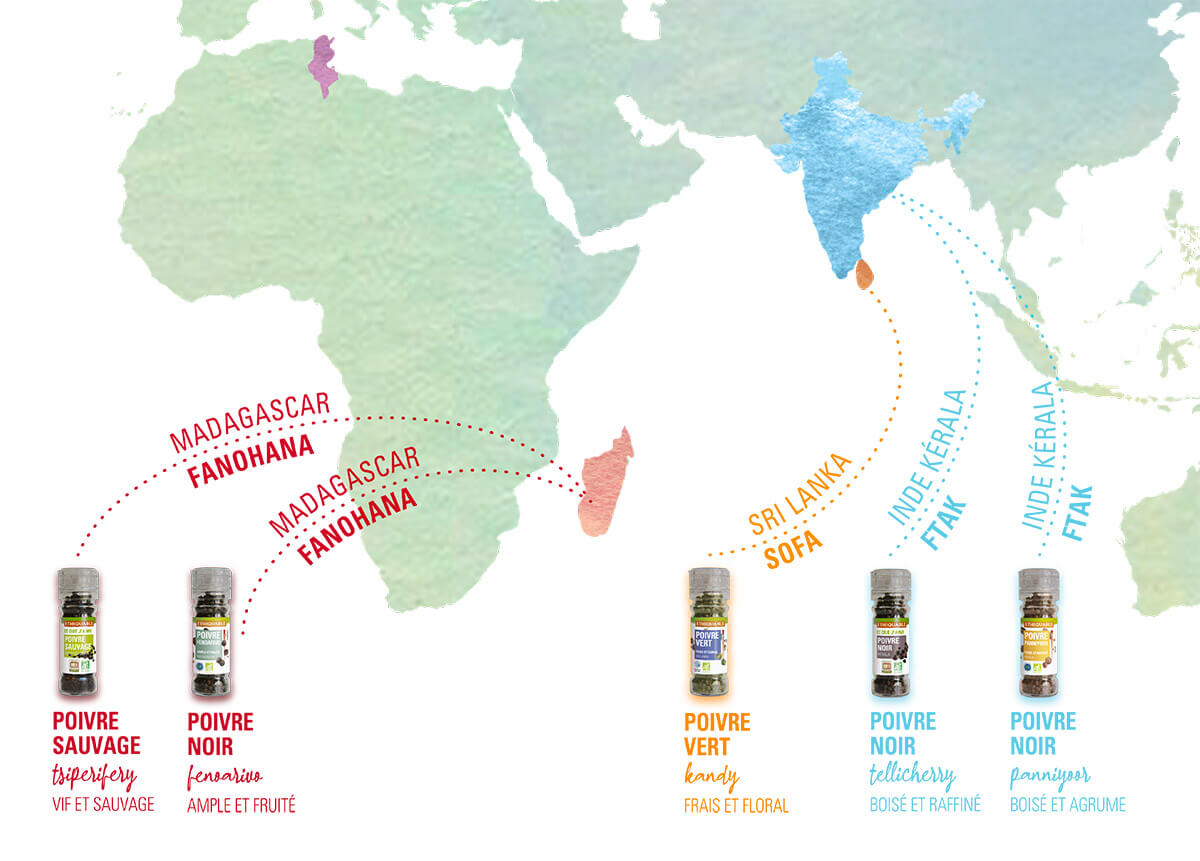 La carte des varitétes et orgine poivres équitables et bio ethiquable